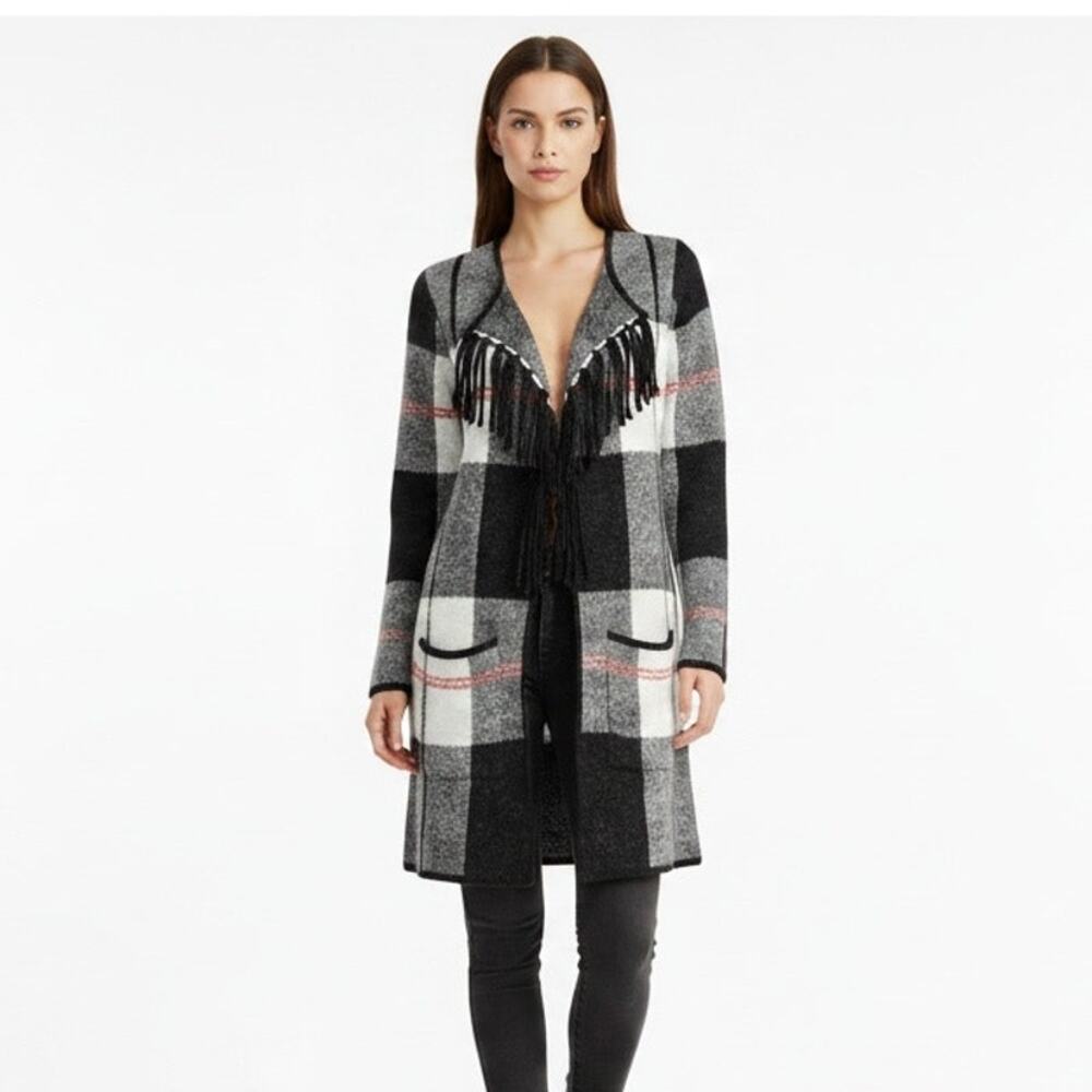 ADRIENNE VITTADINI Women's Open Front Plaid Knit Fringe Jacket Coatigan Size M